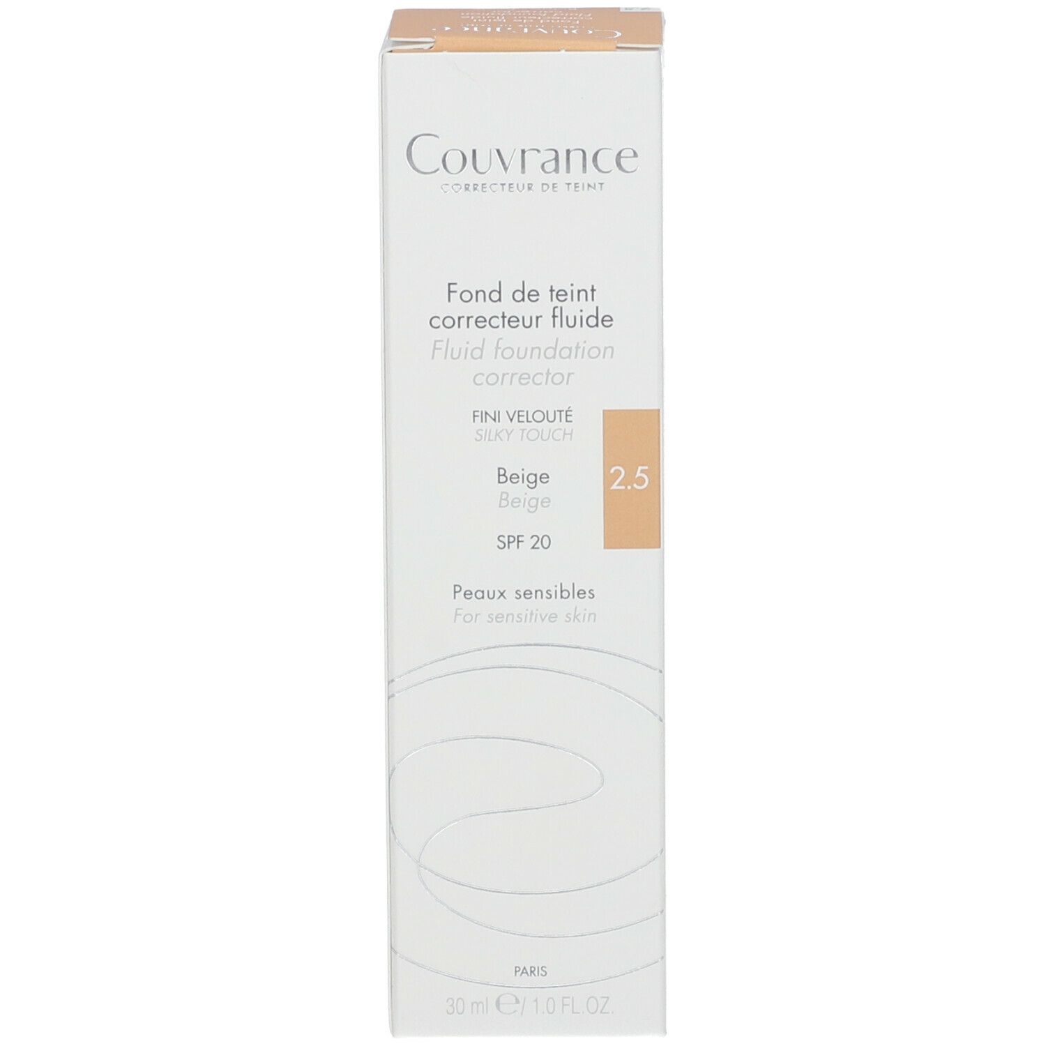 Boîte de fond de teint fluide beige, SPF 20. Marque Couvrance.