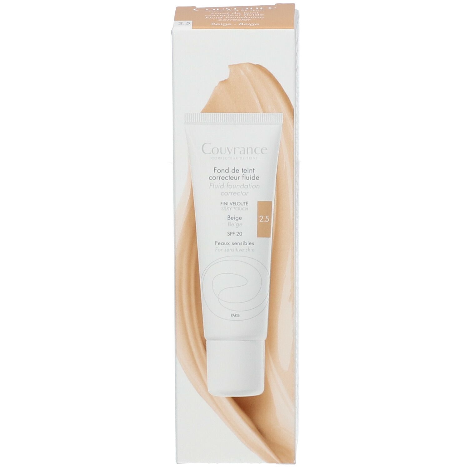 Boîte et tube de fond de teint fluide beige, SPF 20. Marque Couvrance.