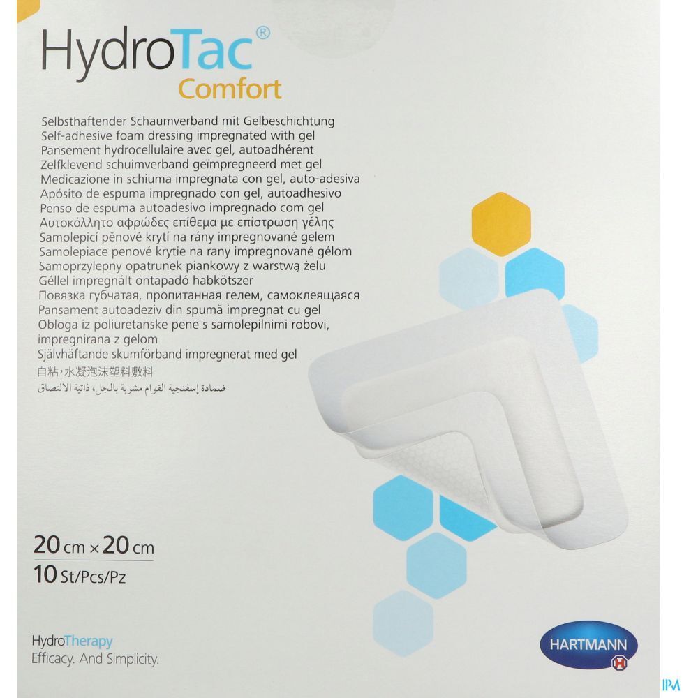 Emballage de pansements HydroTac Comfort. 20x20 cm, 10 pièces. Éléments bleus et jaunes. Logo Hartmann. Vue en angle.