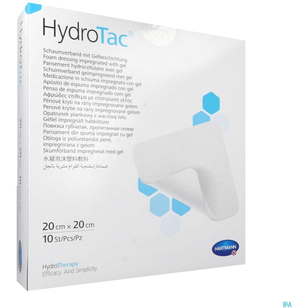 Boîte de pansements HydroTac 20 x 20 cm. 10 pièces. Vue en perspective. Marque Hartmann.