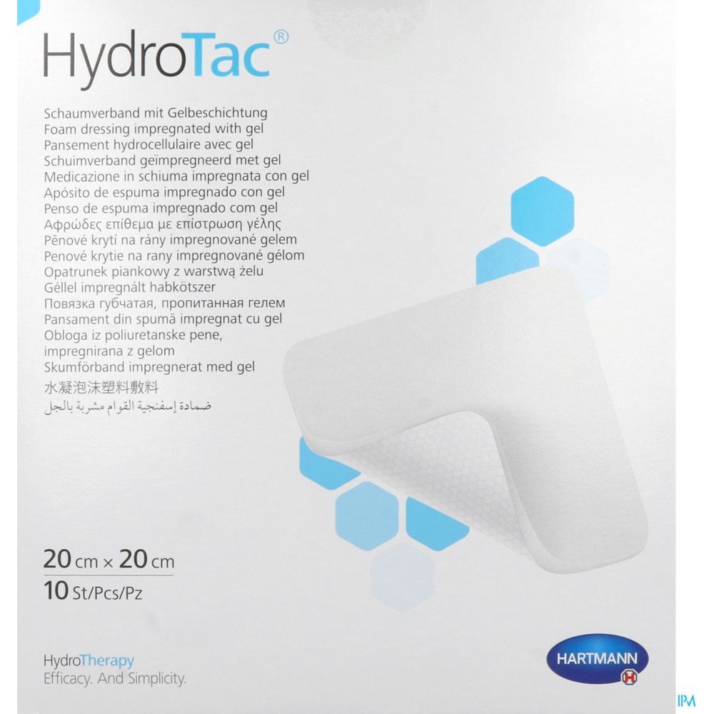Boîte de pansements HydroTac 20 x 20 cm. 10 pièces. Marque Hartmann. Produit et emballage.