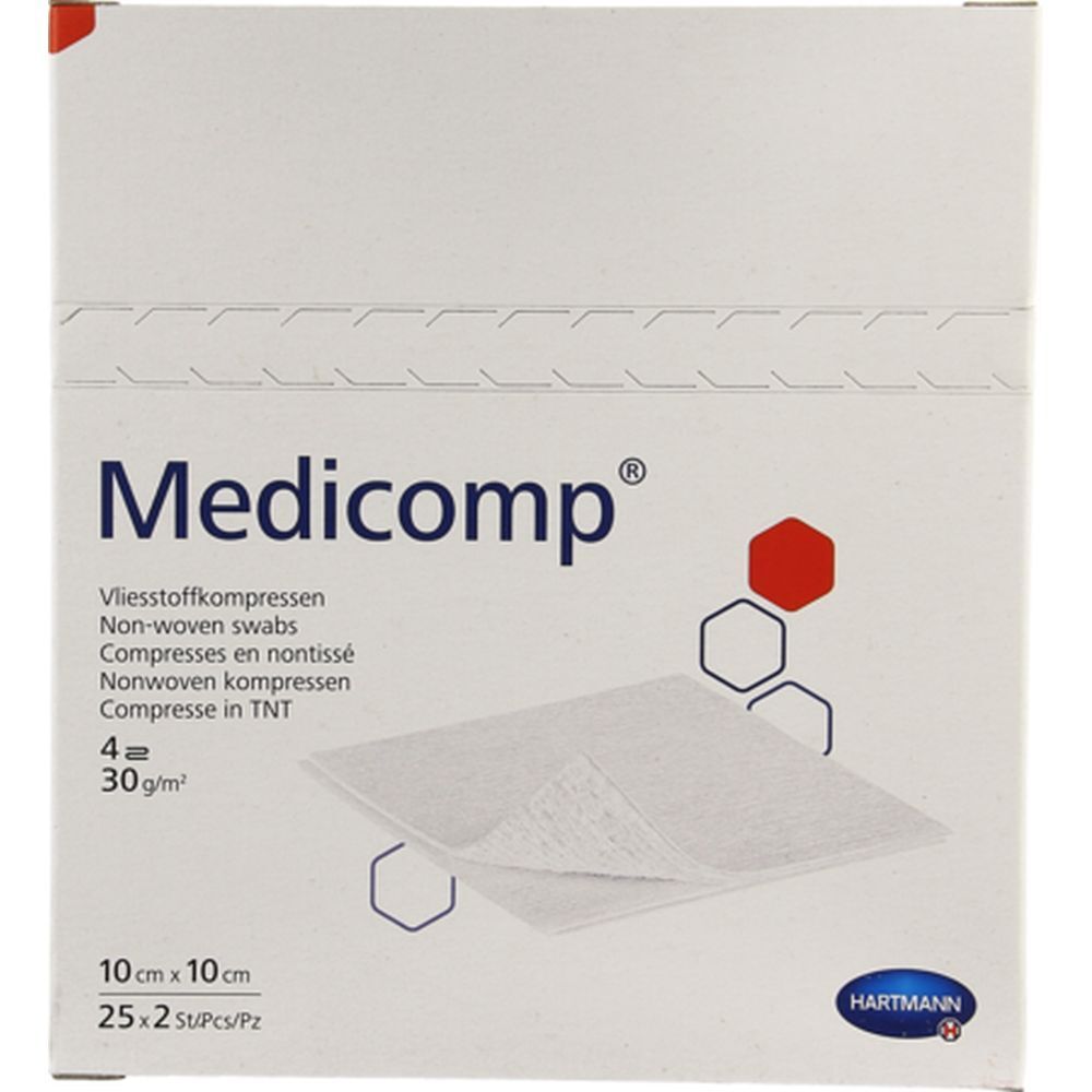 Boîte de compresses Medicomp®. Contient 25 x 2 compresses non tissées stériles, 10 x 10 cm. Marque Hartmann.