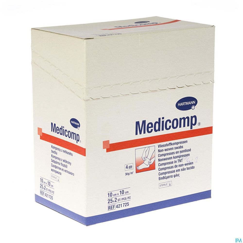 Boîte de compresses Medicomp®. Contient 25 x 2 compresses non tissées stériles, 10 x 10 cm. Marque Hartmann.