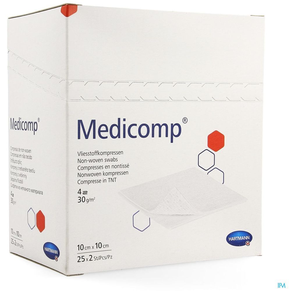 Boîte de compresses Medicomp®. Contient 25 x 2 compresses non tissées stériles, 10 x 10 cm. Marque Hartmann.