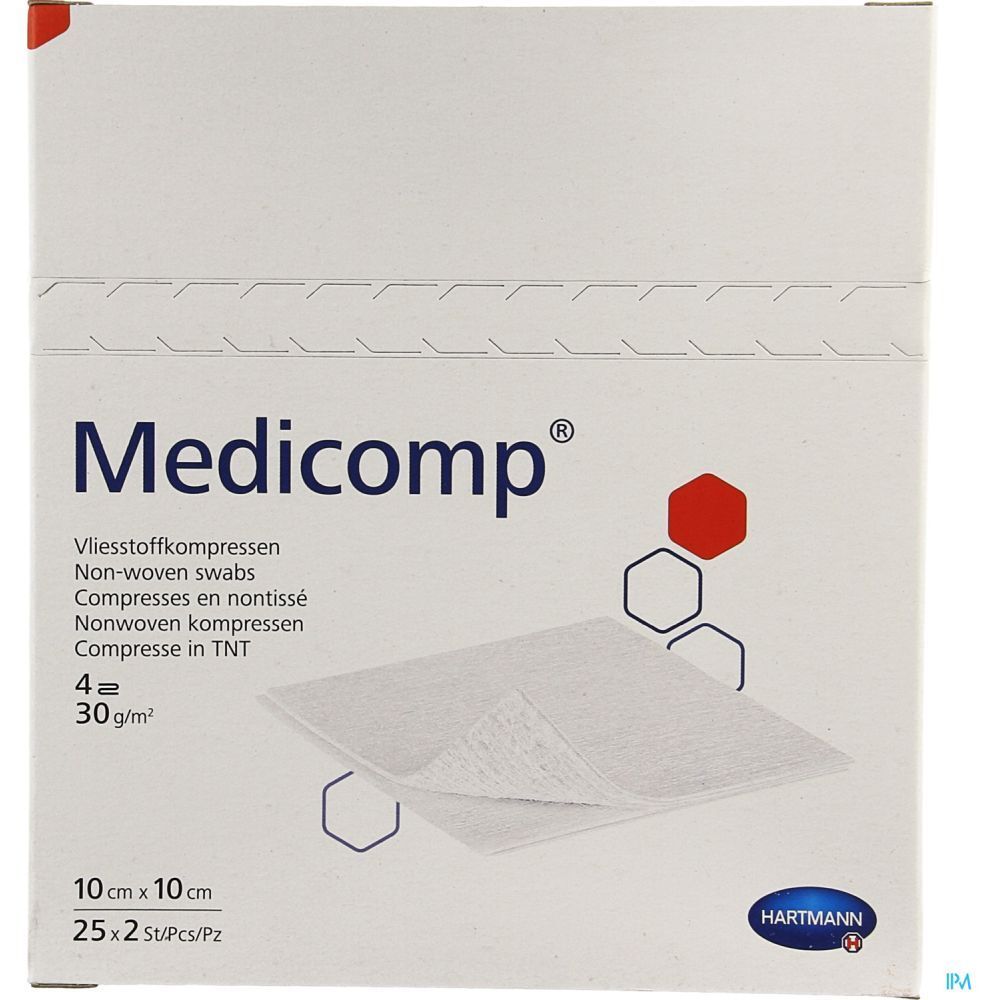 Boîte de compresses Medicomp®. Contient 25 x 2 compresses non tissées stériles, 10 x 10 cm. Marque Hartmann.
