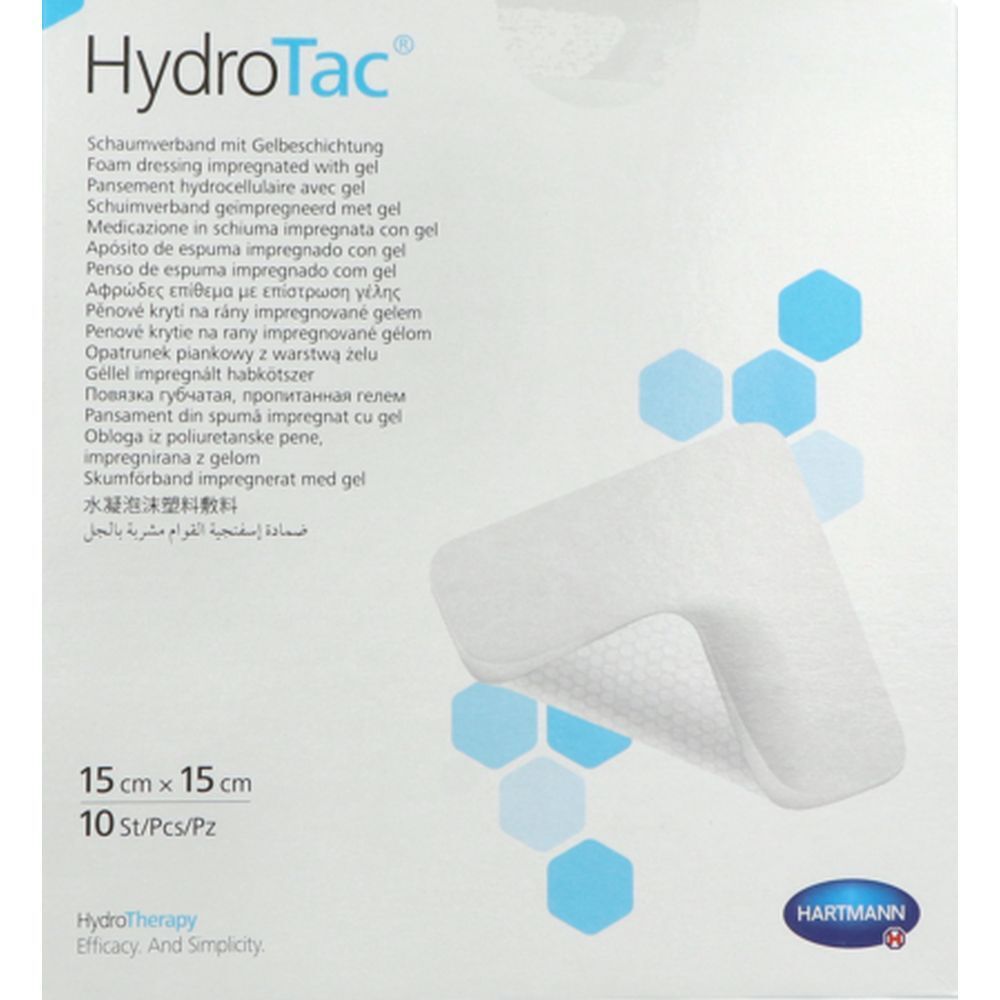 Pansement en mousse imprégné de gel. 15 x 15 cm. 10 pièces. Hartmann HydroTac®. Produit sur fond blanc. Éléments hexagonaux bleus.