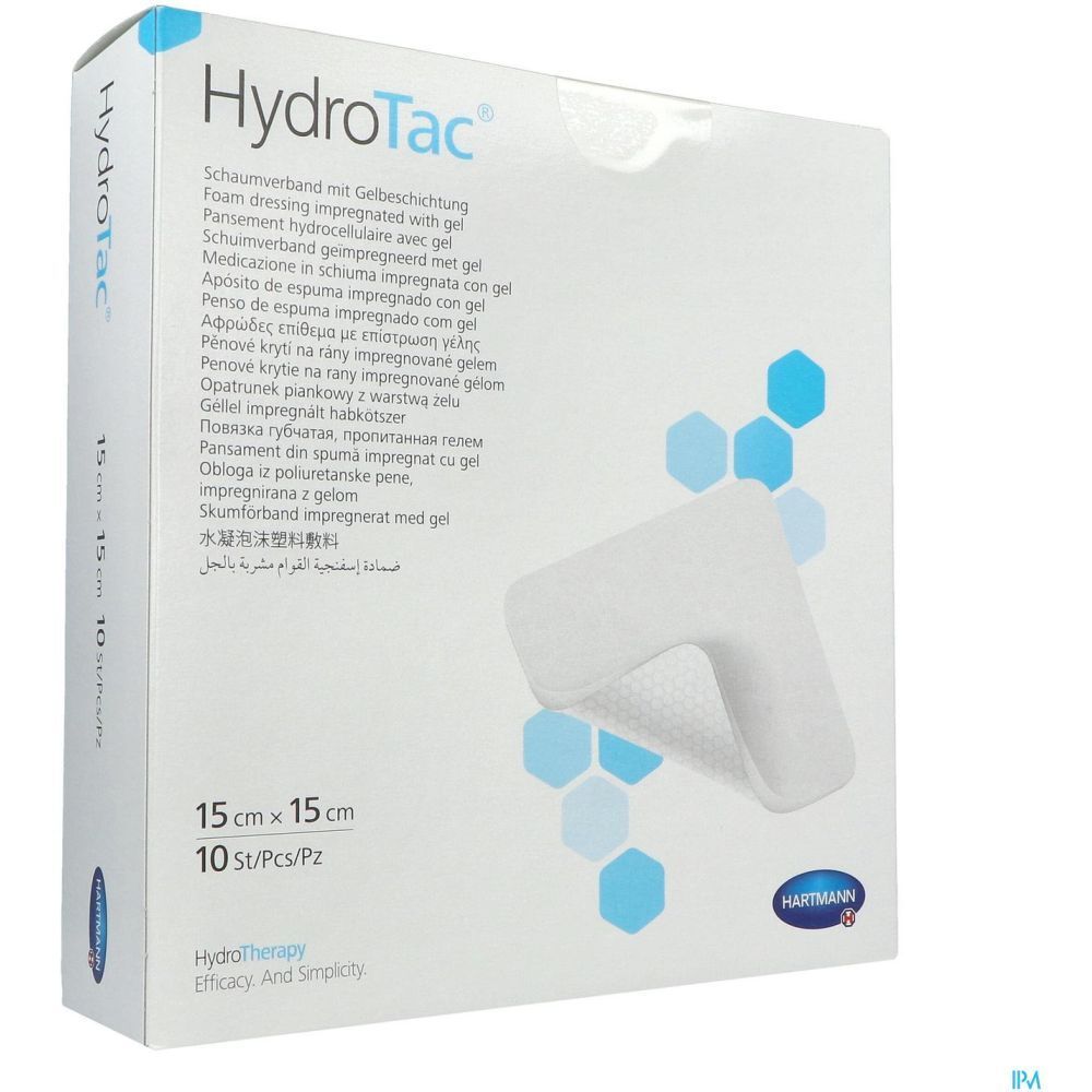 Emballage de pansement en mousse imprégné de gel. 15 x 15 cm. 10 pièces. Hartmann HydroTac®. Produit et éléments hexagonaux bleus.