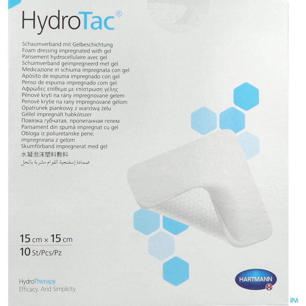 Pansement en mousse imprégné de gel. 15 x 15 cm. 10 pièces. Hartmann HydroTac®. Produit sur fond blanc. Éléments hexagonaux bleus.