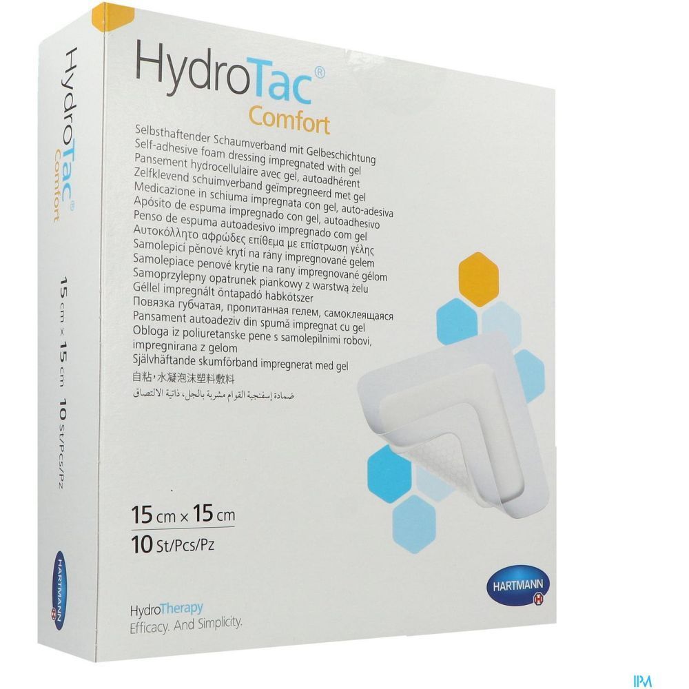 Emballage du produit avec pansement carré 15 x 15 cm. Nom et logo du produit visibles. Vue en coin.