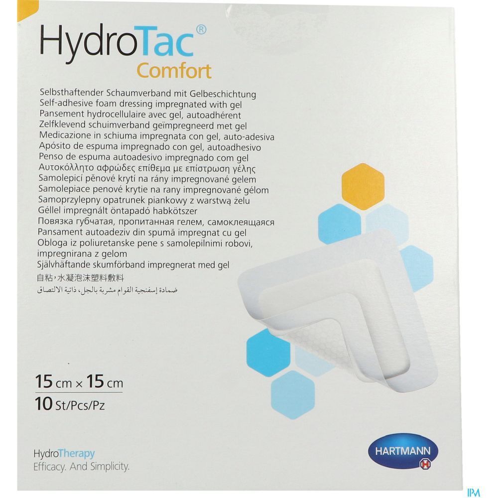 Pansement carré 15 x 15 cm, mousse blanche et revêtement gélifié. Emballage avec nom et logo du produit.