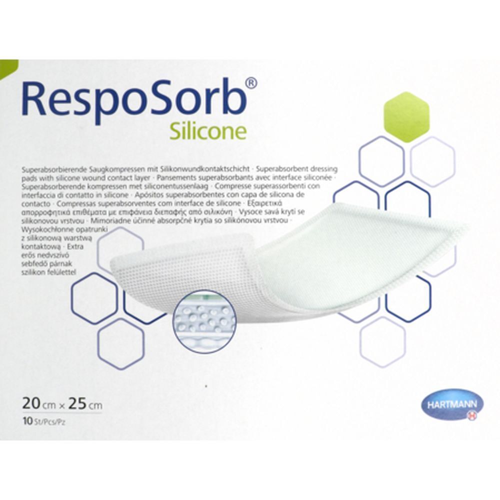 Emballage de pansements RespoSorb® Silicone. Dimensions 20 x 25 cm. Logo Hartmann. Nom et description du produit en plusieurs langues.