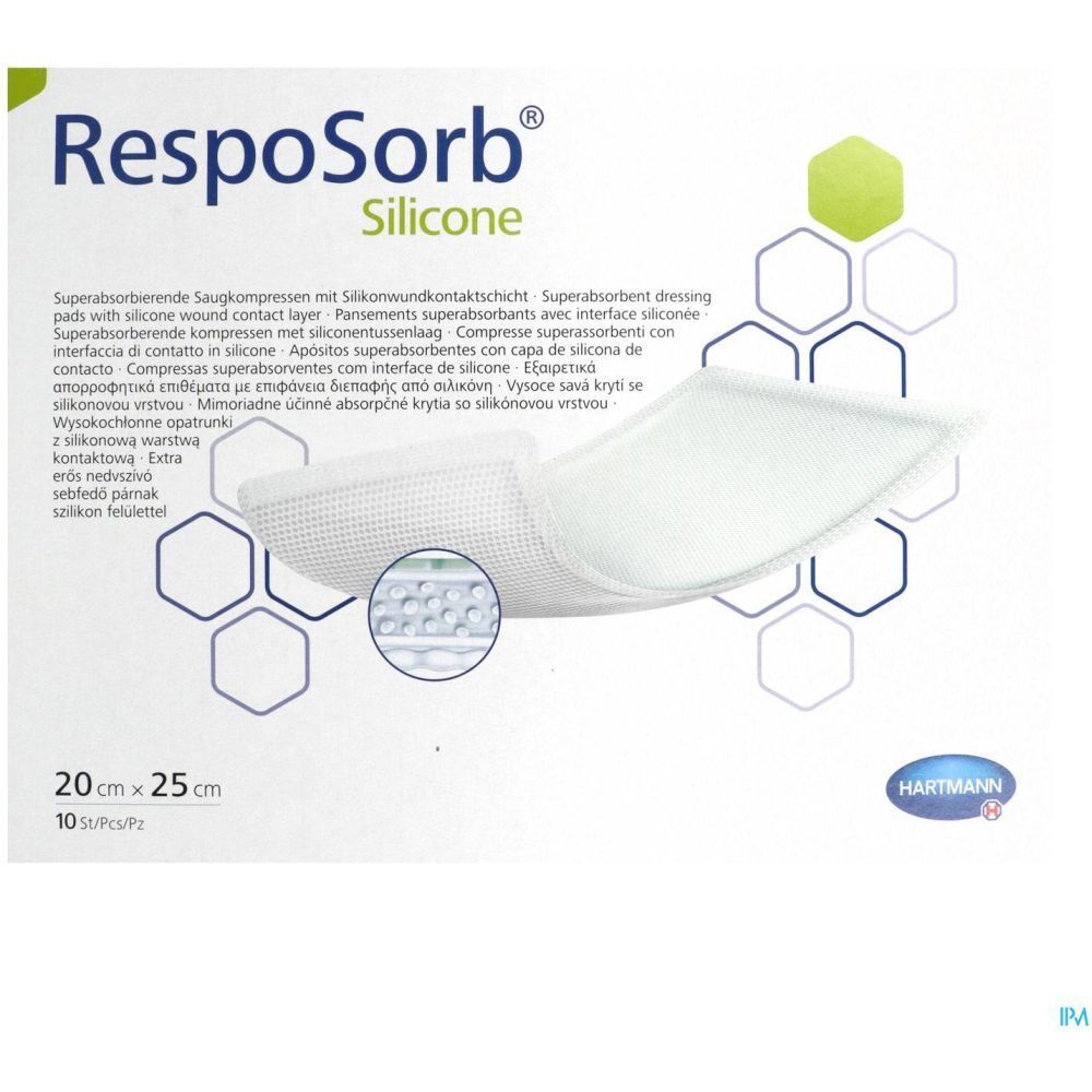 Emballage de pansements RespoSorb® Silicone. Dimensions 20 x 25 cm. Logo Hartmann. Nom et description du produit en plusieurs langues.