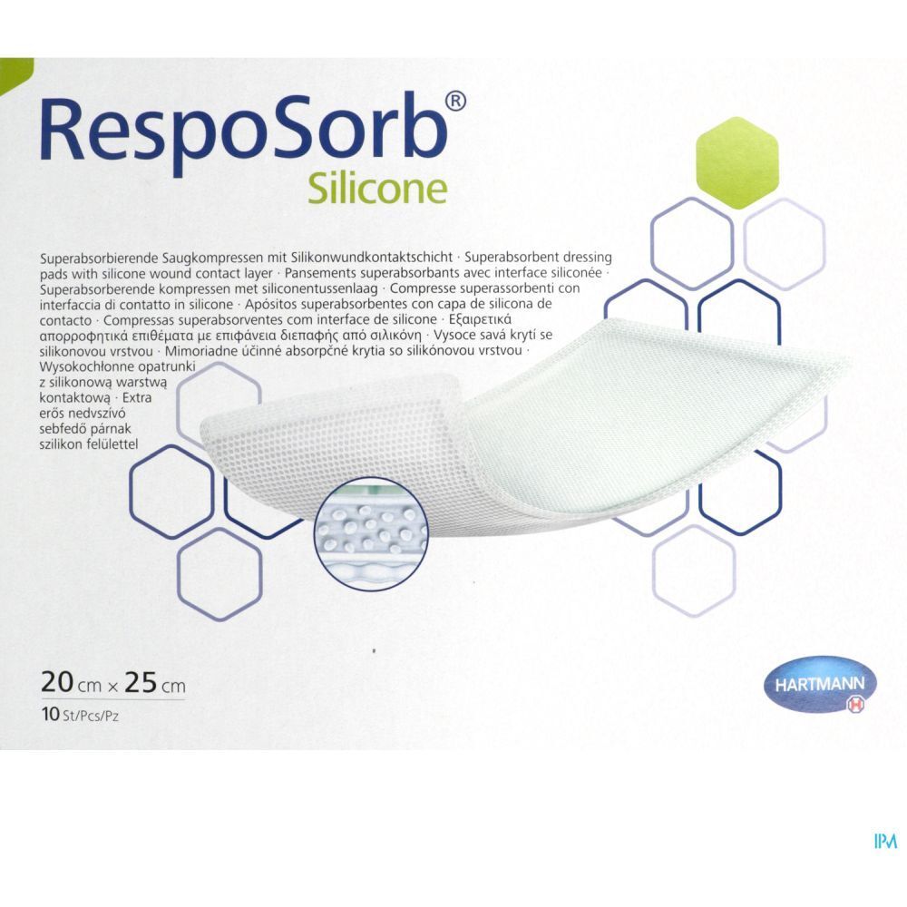 Emballage de pansements RespoSorb® Silicone. Dimensions 20 x 25 cm. Logo Hartmann. Nom et description du produit en plusieurs langues.
