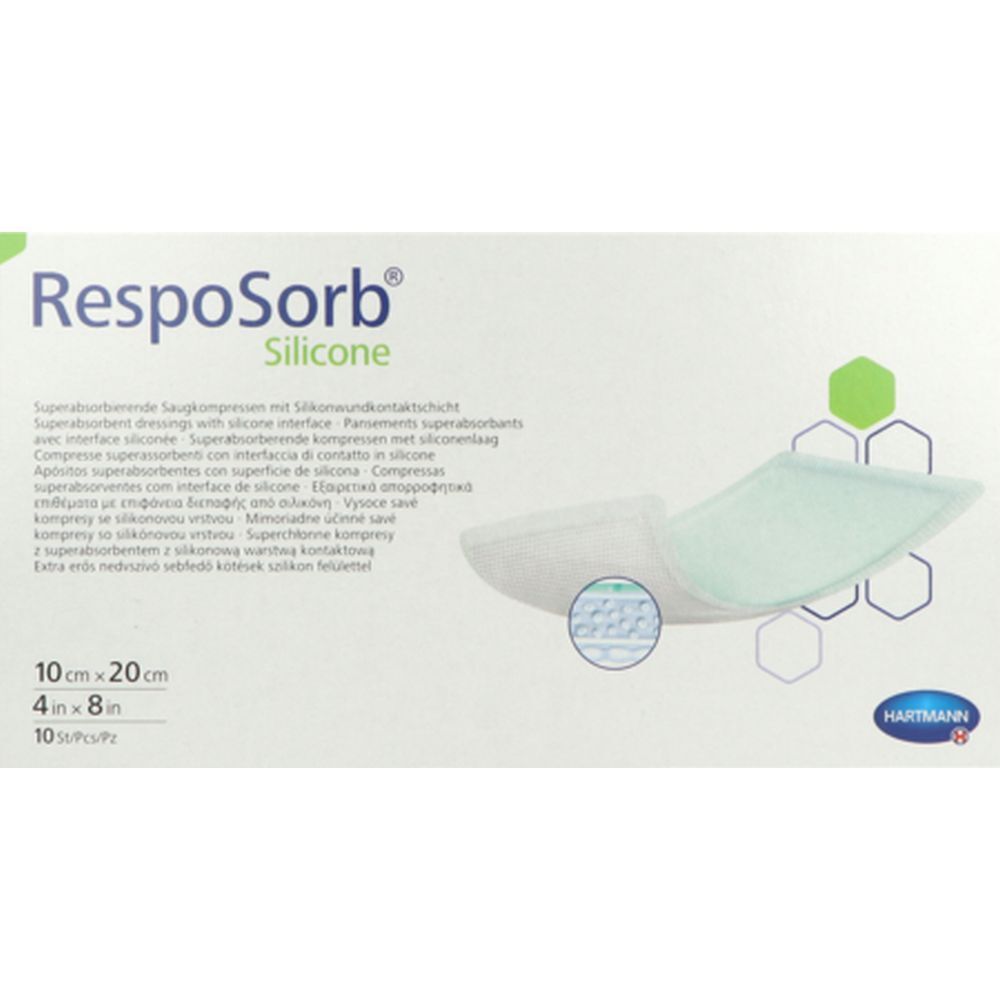 Emballage de pansements RespoSorb® Silicone. Dimensions 10 x 20 cm. Logo Hartmann en bas à droite.