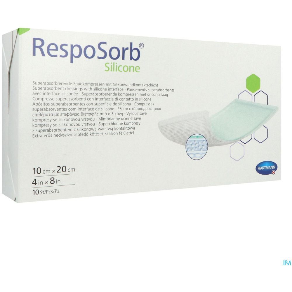 Emballage ouvert de pansements RespoSorb® Silicone. Dimensions 10 x 20 cm. Logo Hartmann.