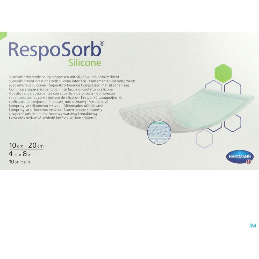 Emballage de pansements RespoSorb® Silicone. Dimensions 10 x 20 cm. Logo Hartmann en bas à droite.