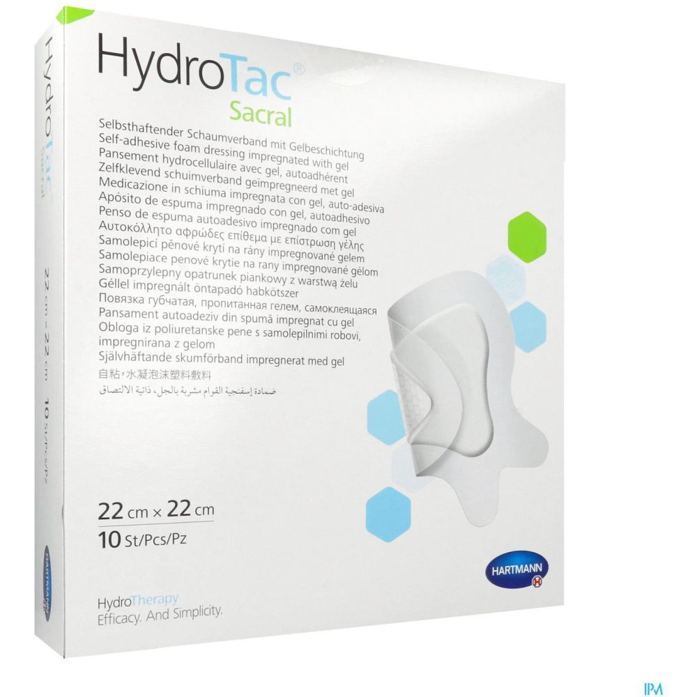 Emballage HydroTac Sacral ouvert. Produit partiellement visible. 22 x 22 cm, 10 pièces. Logo Hartmann.