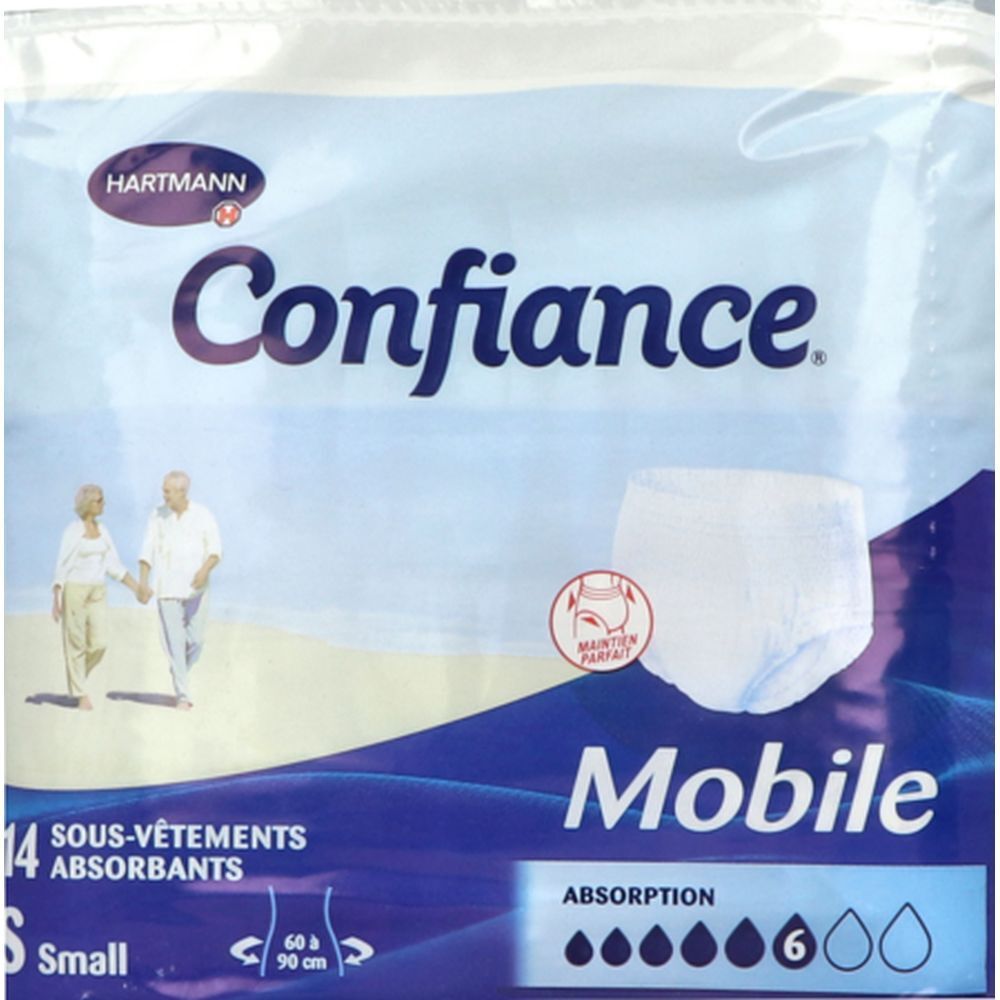 Paquet de slips absorbants. Marque Confiance, Hartmann. Mobile, Absorption 6. 14 pièces, taille S. Illustration de personnes âgées.