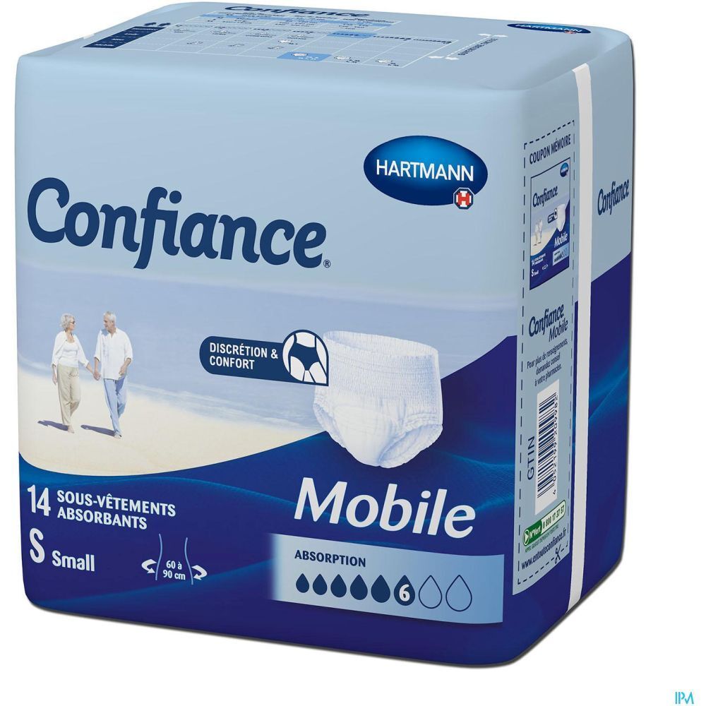 Boîte de slips absorbants. Marque Confiance, Hartmann. Mobile, Absorption 6. 14 pièces, taille S. Illustration de personnes âgées.