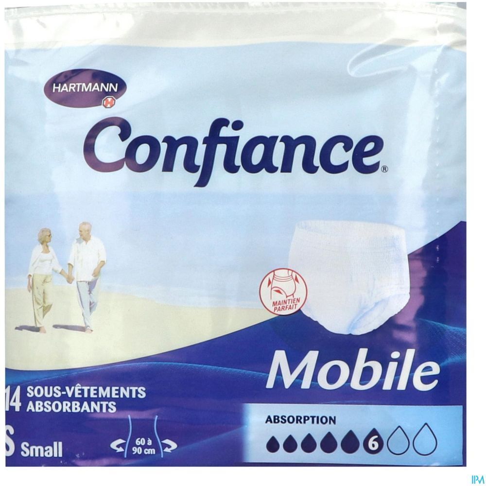 Paquet de slips absorbants. Marque Confiance, Hartmann. Mobile, Absorption 6. 14 pièces, taille S. Illustration de personnes âgées.