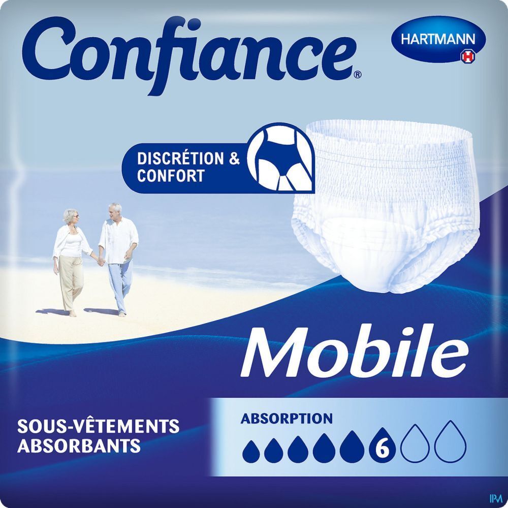 Slip absorbant blanc. Marque Confiance, Hartmann. Mobile, Absorption 6. Inscription: Discrétion & Confort. Illustration de personnes âgées.