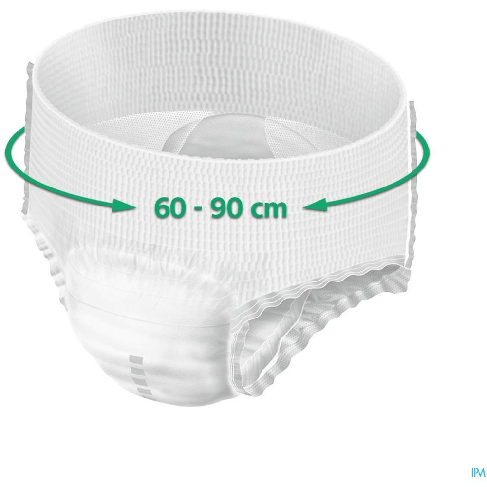 Slip absorbant blanc. Taille 60-90 cm. Indiqué par des flèches vertes.