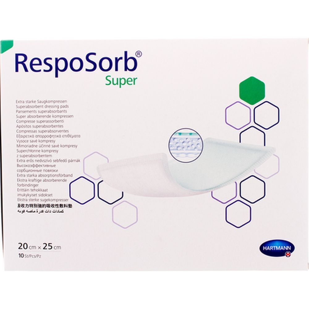 Emballage RespoSorb® Super, pansement superabsorbant. Dimensions : 20 x 25 cm. 10 pièces. Logo Hartmann.