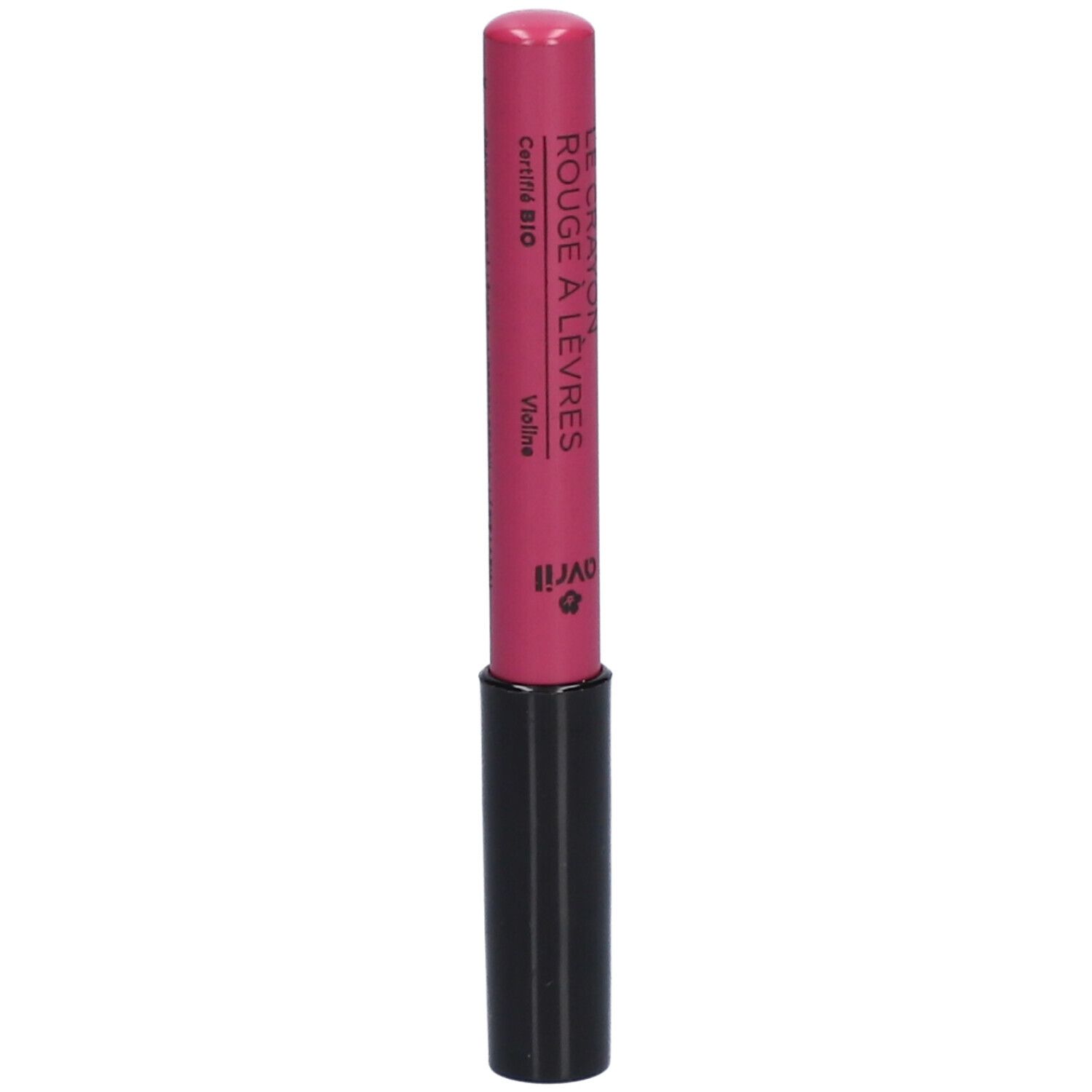 Crayon contour des lèvres rose avec manche noir. Inscriptions: Avril, Le Crayon Rouge à Lèvres, Certifié Bio, Violet.
