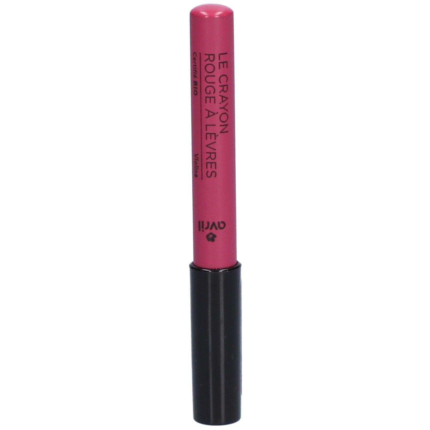 Crayon contour des lèvres rose avec manche noir. Inscriptions: Avril, Le Crayon Rouge à Lèvres, Certifié Bio, Violet.