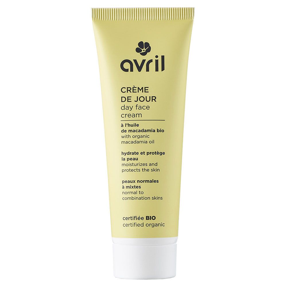 Tube jaune "Avril", "Crème de Jour". Texte: "Day Face Cream", "à l'huile de macadamia bio". Certifié bio. Pour peaux normales à mixtes.