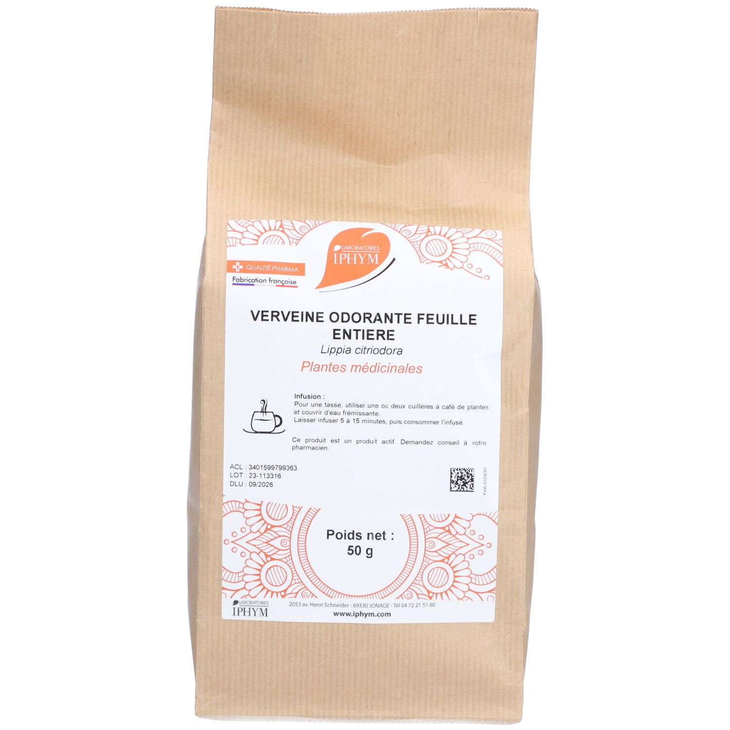 Sachet en papier brun. Texte: VERVEINE ODORANTE FEUILLE ENTIERE, 50 g. Logo IPHYM. Plantes médicinales.