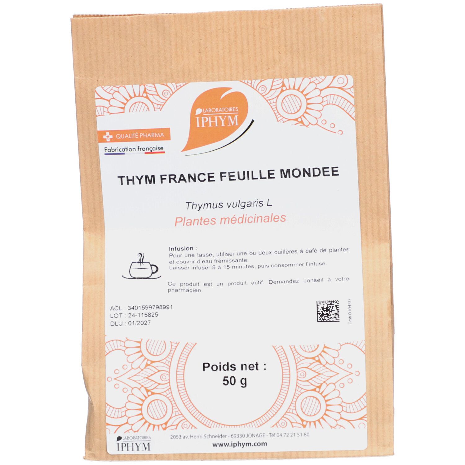 Sachet en papier avec étiquette. Inscription: THYM FRANCE FEUILLE MONDEE, IPHYM. Poids net: 50 g. Plantes médicinales pour infusion.