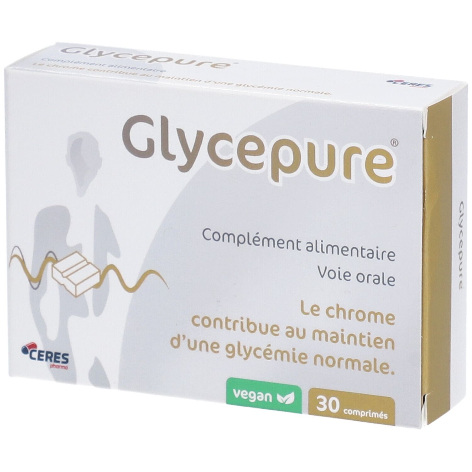 Boîte blanche "Glycepure". Contient 30 comprimés. Texte: "Complément alimentaire". Label végan.