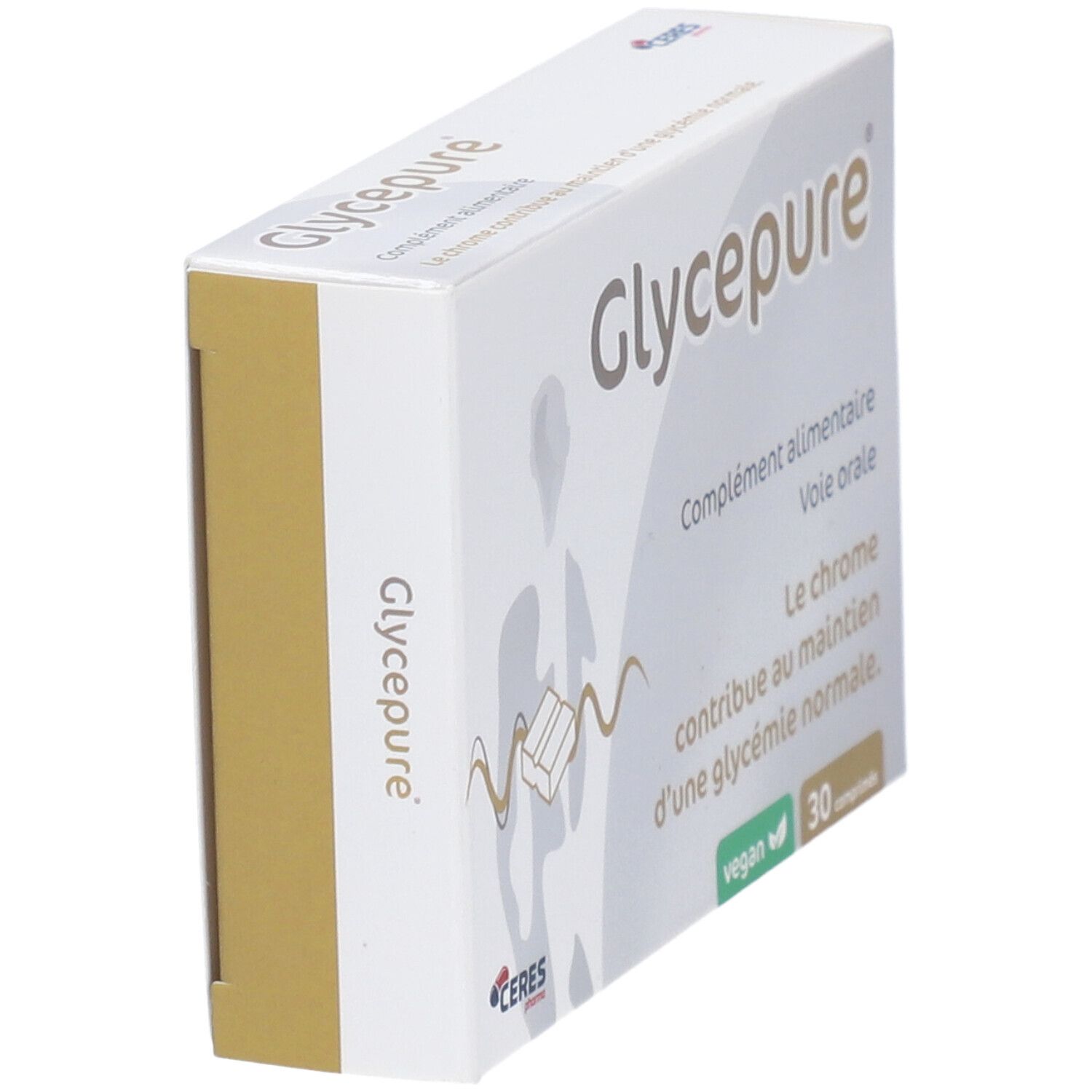 Boîte "Glycepure" en perspective. Blanc avec accents dorés. Texte: "Complément alimentaire". 30 comprimés.