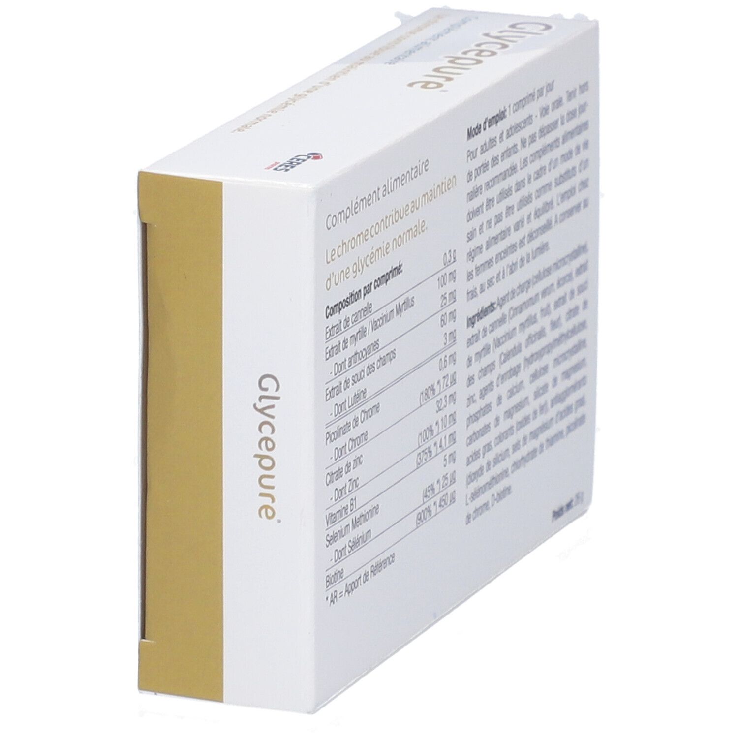 Boîte "Glycepure" en perspective. Dos avec ingrédients. Texte en français.