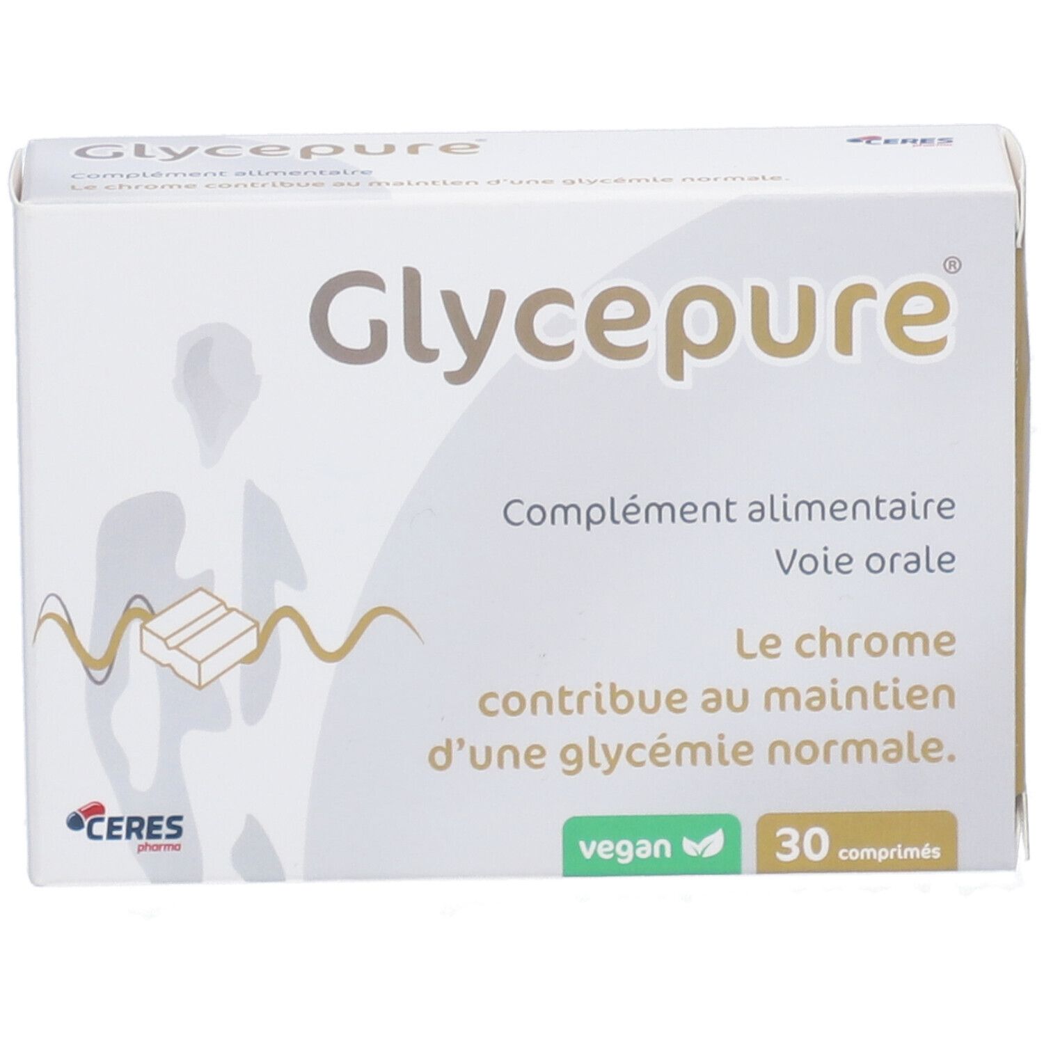 Boîte blanche "Glycepure". Logo et texte: "Complément alimentaire". 30 comprimés. Label végan.