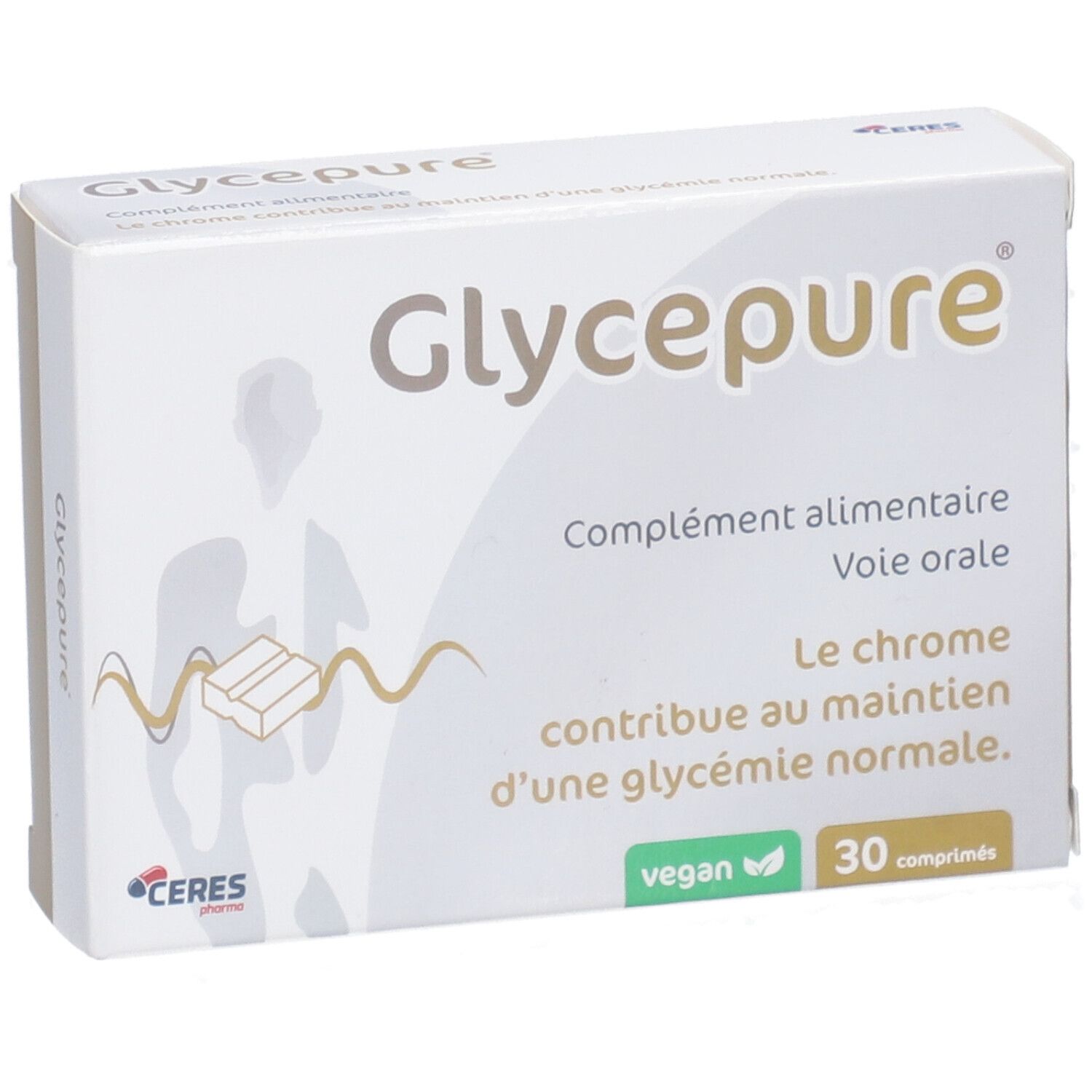 Boîte blanche "Glycepure". Logo et texte: "Complément alimentaire". 30 comprimés. Label végan.