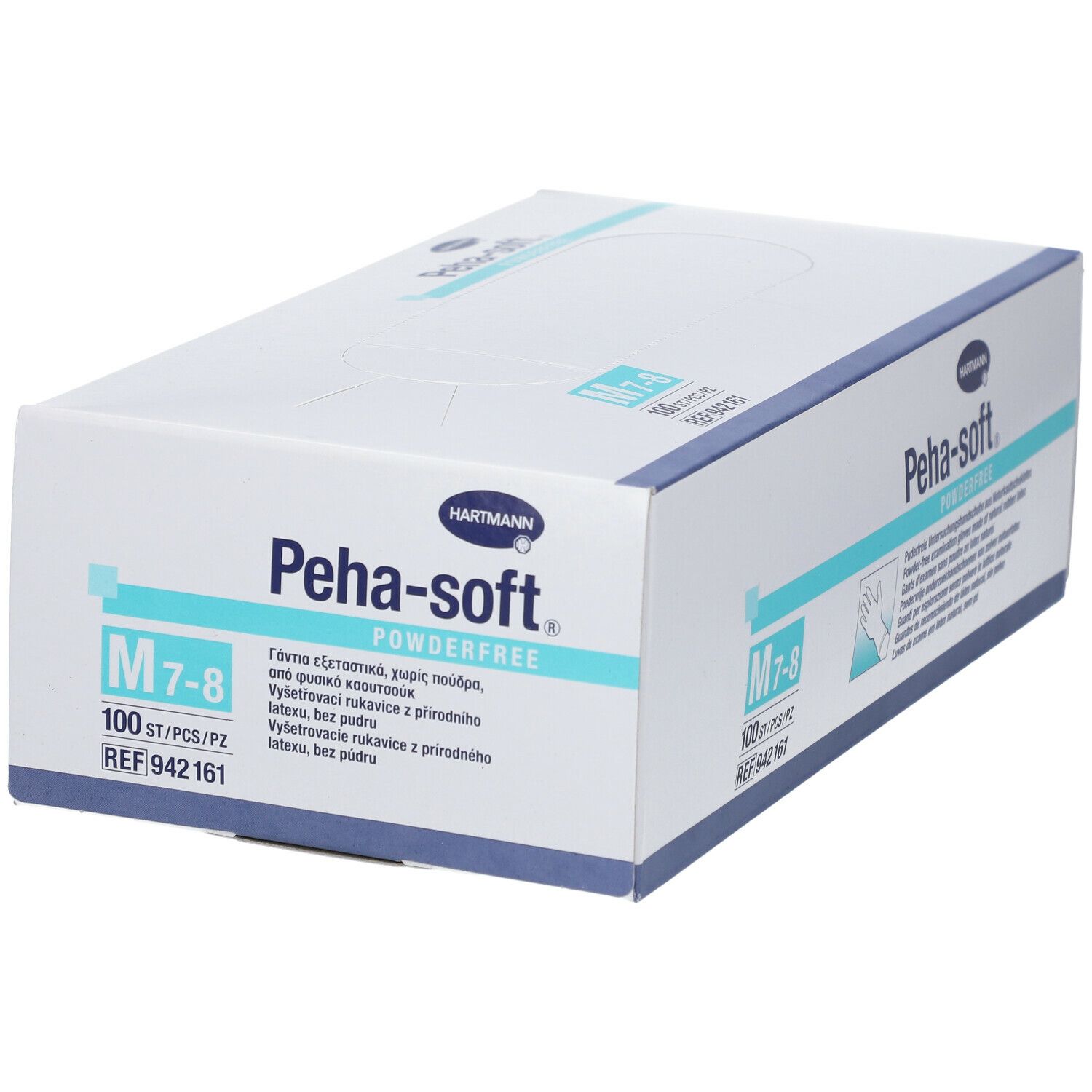 Boîte Hartmann Peha-soft. Taille M 7-8. 100 pièces. Gants d'examen sans poudre en latex. Réf. 942161.