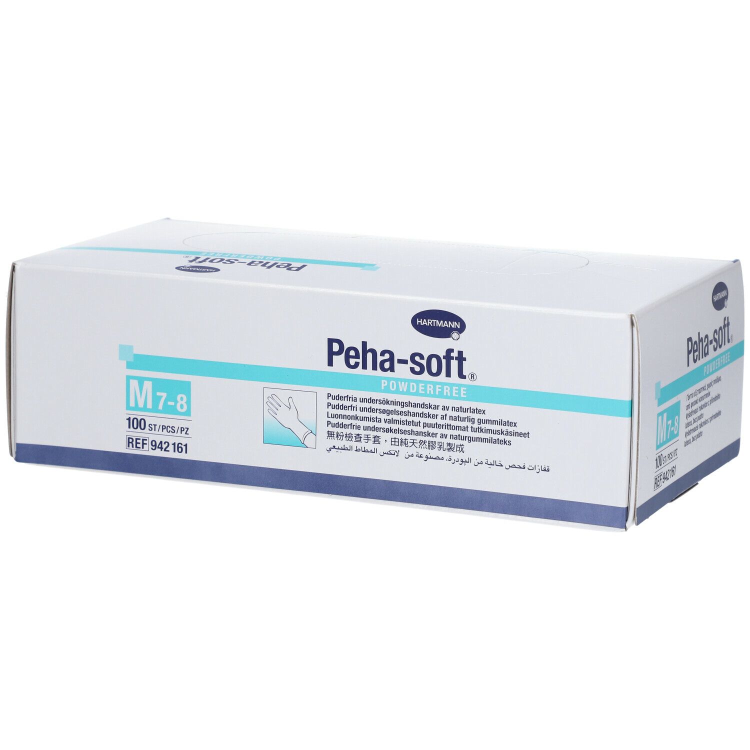 Boîte Hartmann Peha-soft. Taille M 7-8. 100 pièces. Gants d'examen sans poudre en latex. Réf. 942161.