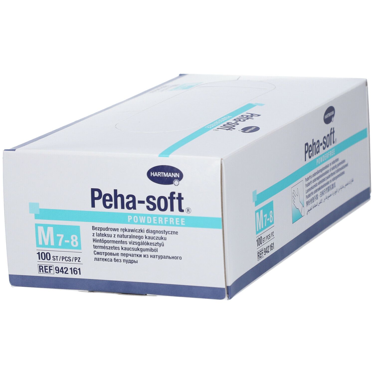 Boîte Hartmann Peha-soft. Taille M 7-8. 100 pièces. Gants d'examen sans poudre en latex. Réf. 942161.