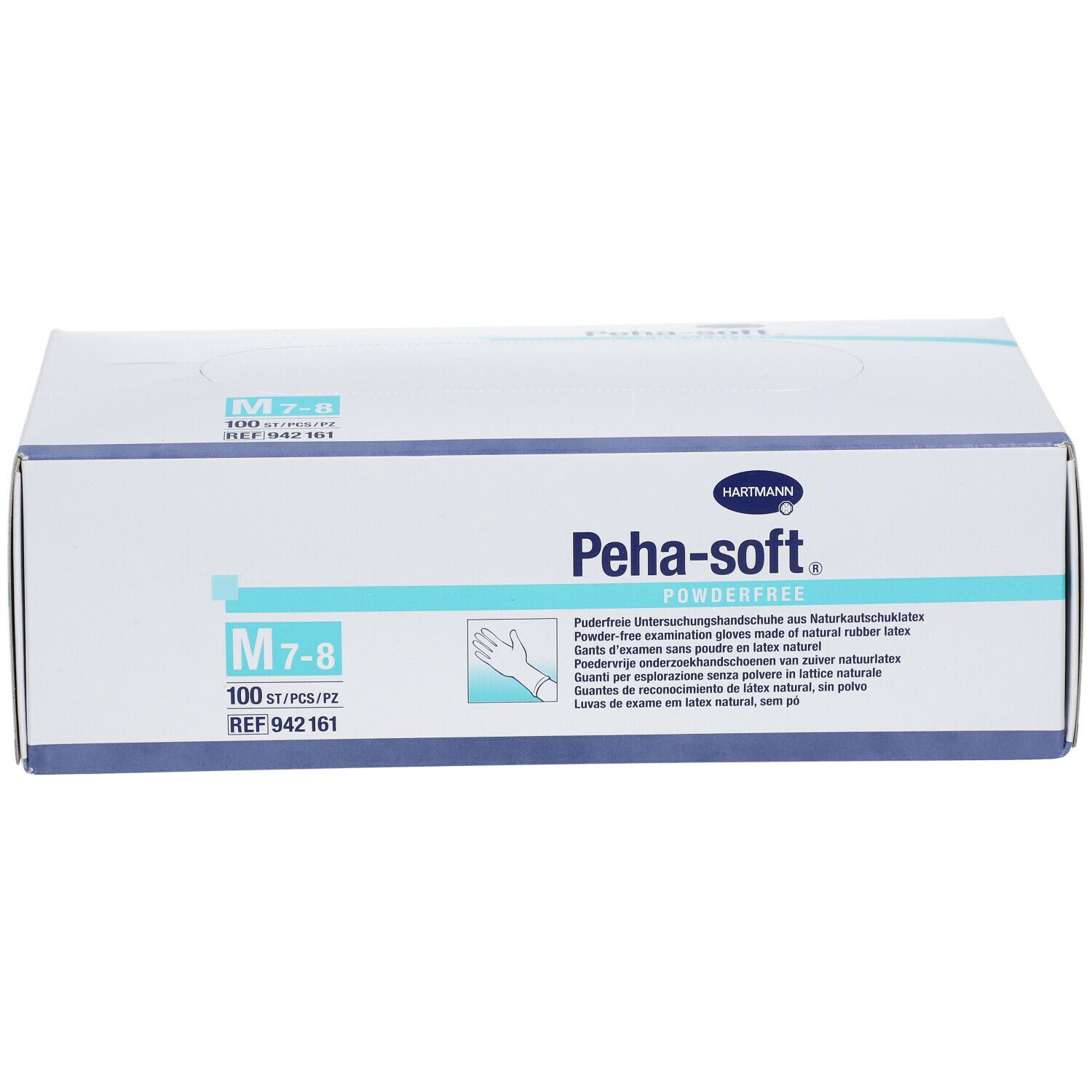Boîte Hartmann Peha-soft. Taille M 7-8. 100 pièces. Gants d'examen sans poudre en latex. Réf. 942161.