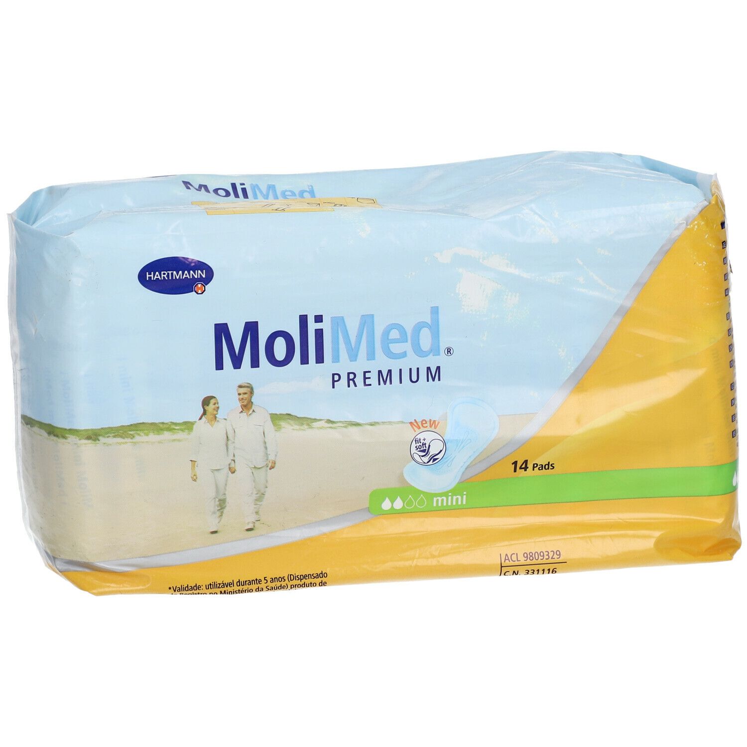 Emballage MoliMed Premium mini. Film bleu-jaune avec logo et illustration du produit. Contient 14 pièces.