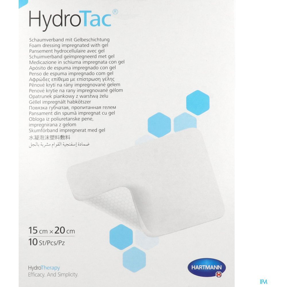 Emballage HydroTac en perspective. Pansement en mousse imprégné de gel, 15 x 20 cm. 10 pièces. Logo Hartmann.
