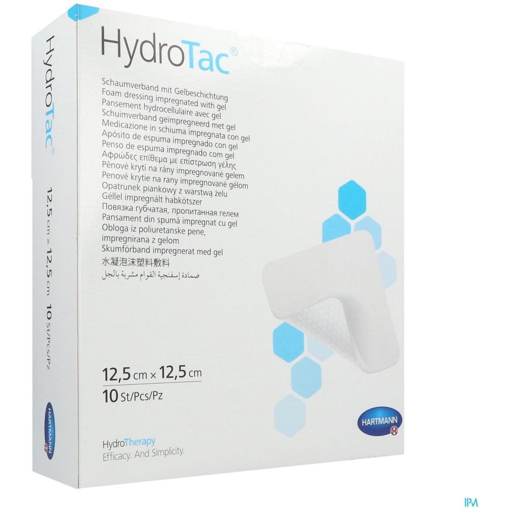 Emballage de pansement HydroTac. Carré, blanc. Dimensions : 12,5 x 12,5 cm. 10 pièces. Logo Hartmann.