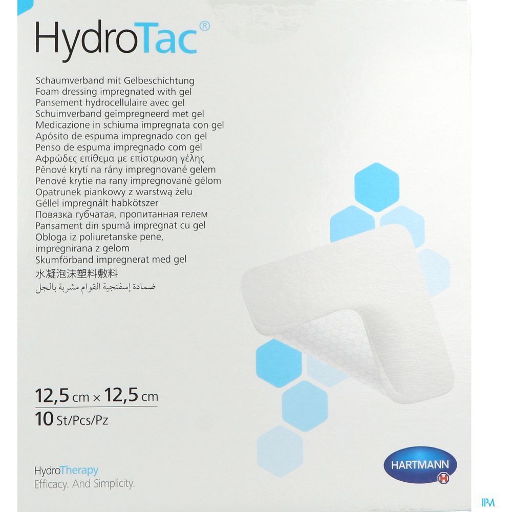 Pansement HydroTac. Carré, blanc. Dimensions : 12,5 x 12,5 cm. 10 pièces. Logo Hartmann.