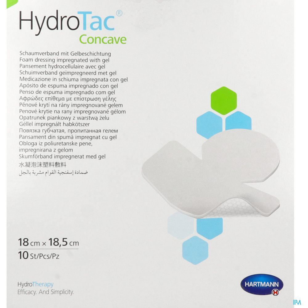 Emballage HydroTac Concave. Pansement mousse 18,5 x 18,5 cm. 10 pièces. Logo Hartmann.