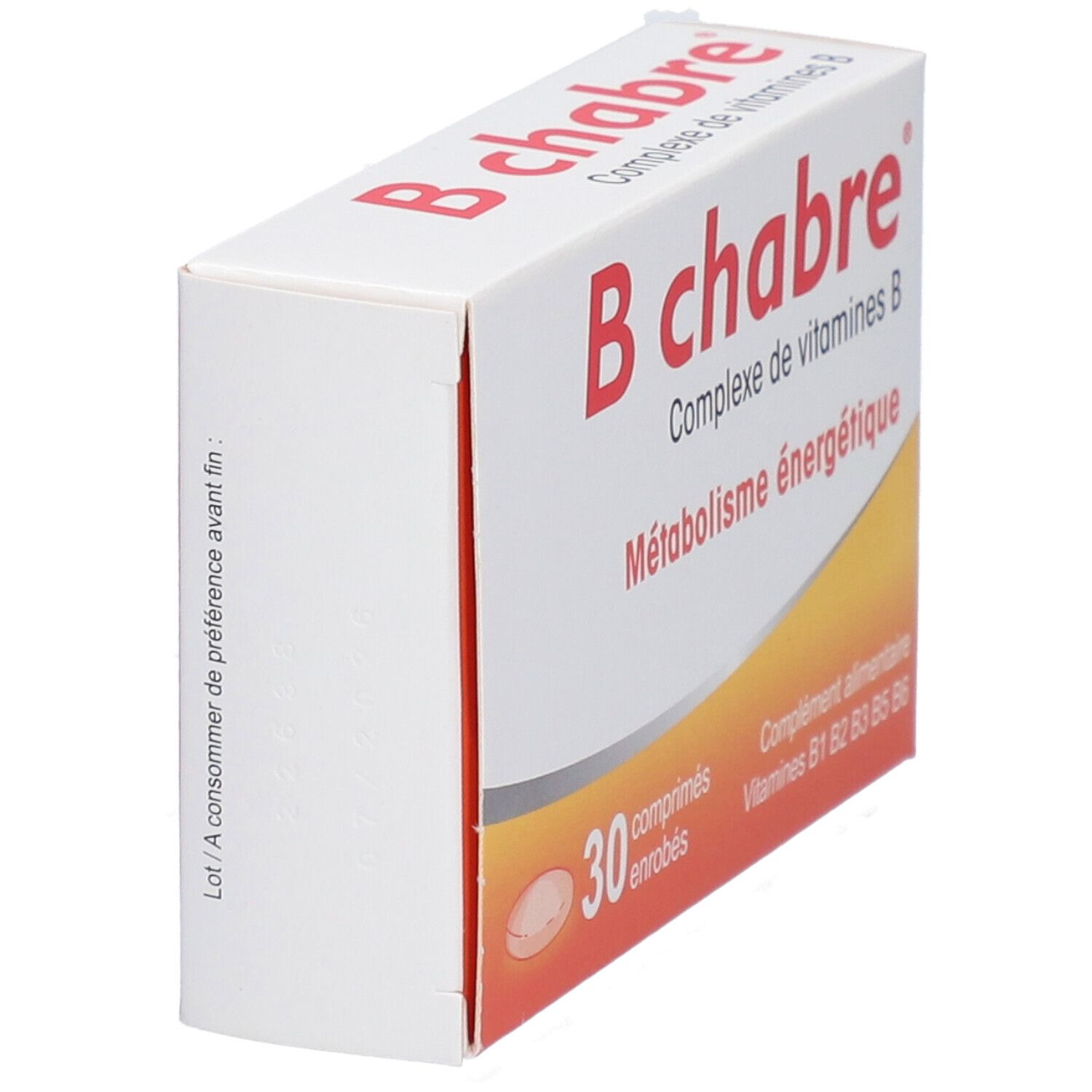 Boîte de comprimés "B chabre", en biais. Inscription "Complexe de vitamines B". Contient 30 comprimés. Complément alimentaire.