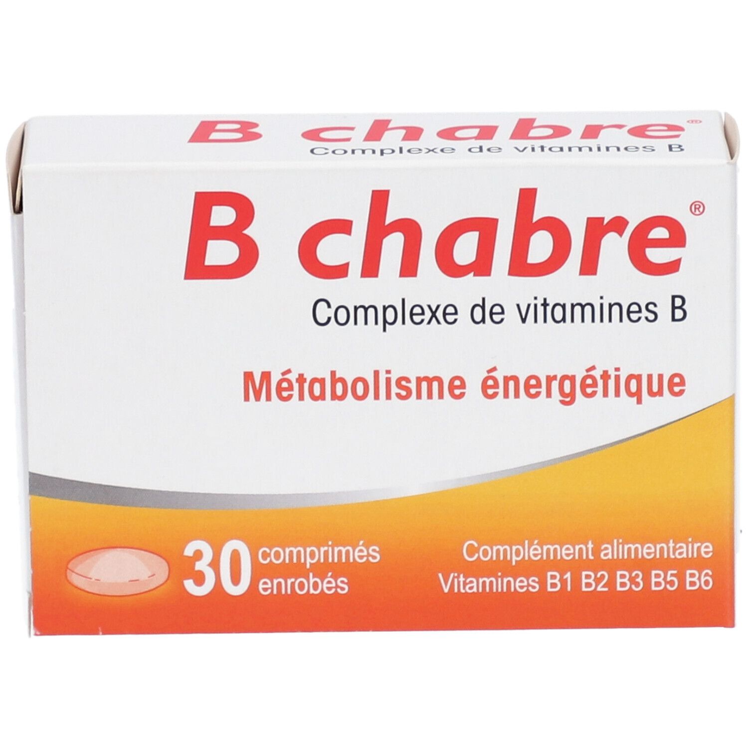 Boîte de comprimés "B chabre". Inscription "Complexe de vitamines B". Contient 30 comprimés. Complément alimentaire.