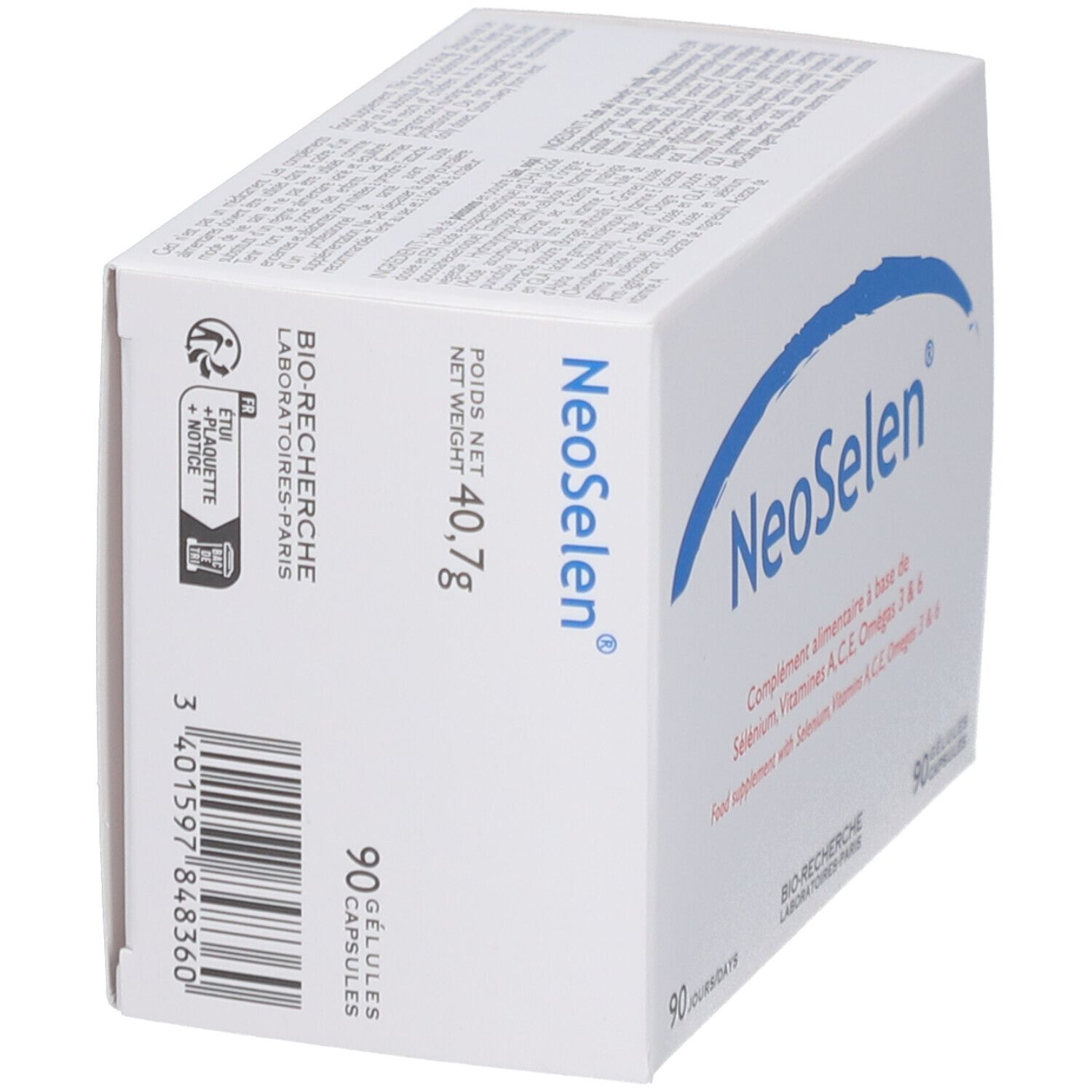 Boîte "NeoSelen" en perspective. Contient 90 gélules. Code-barres et informations produit en français et anglais.