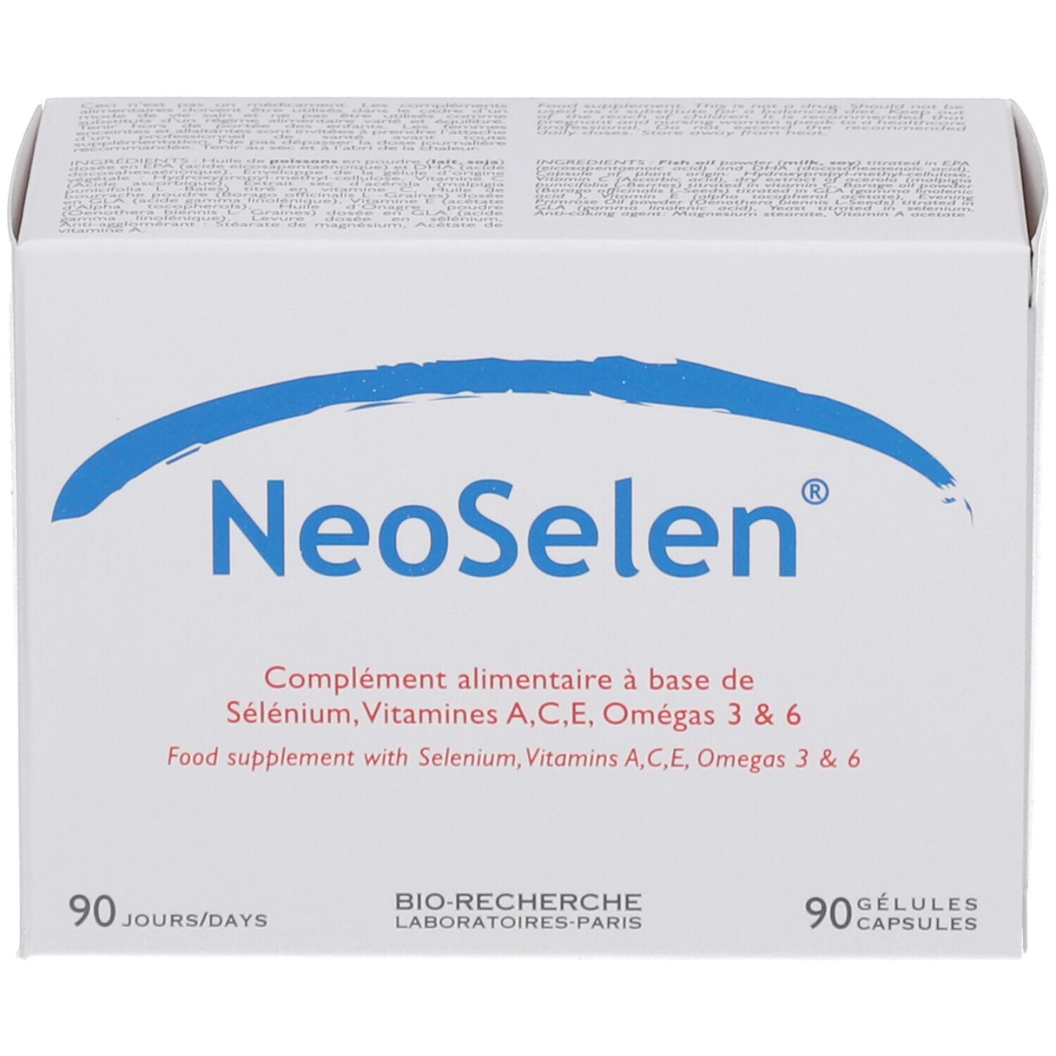Boîte blanche avec logo "NeoSelen" et arc bleu. Contient 90 gélules. Informations produit en français et anglais.